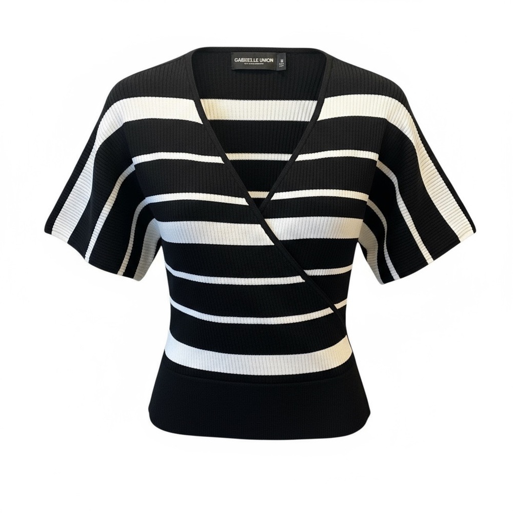 GABRIELLE UNION NEW YORK & COMPANY Striped Faux Wrap Ribbed Knit Top Sweater M